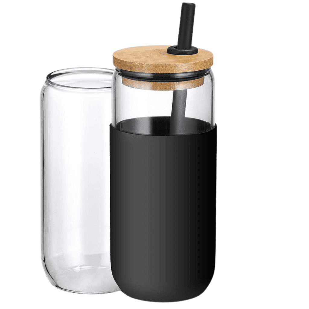 Modern glass tumbler with bamboo lid and black straw, paired with a sleek clear glass.