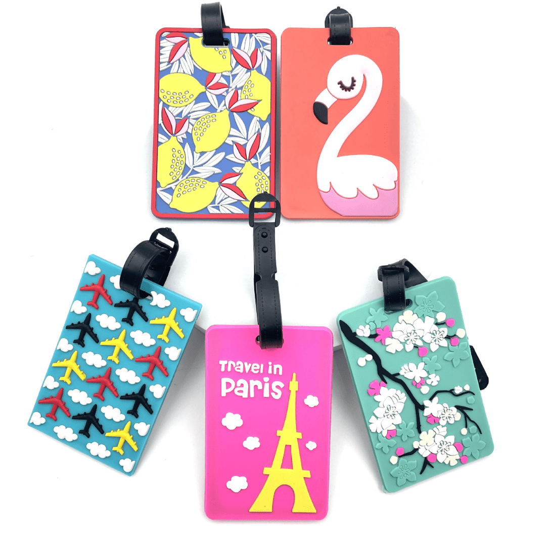 Colorful luggage tags featuring playful designs, perfect for adding personality to your travels.