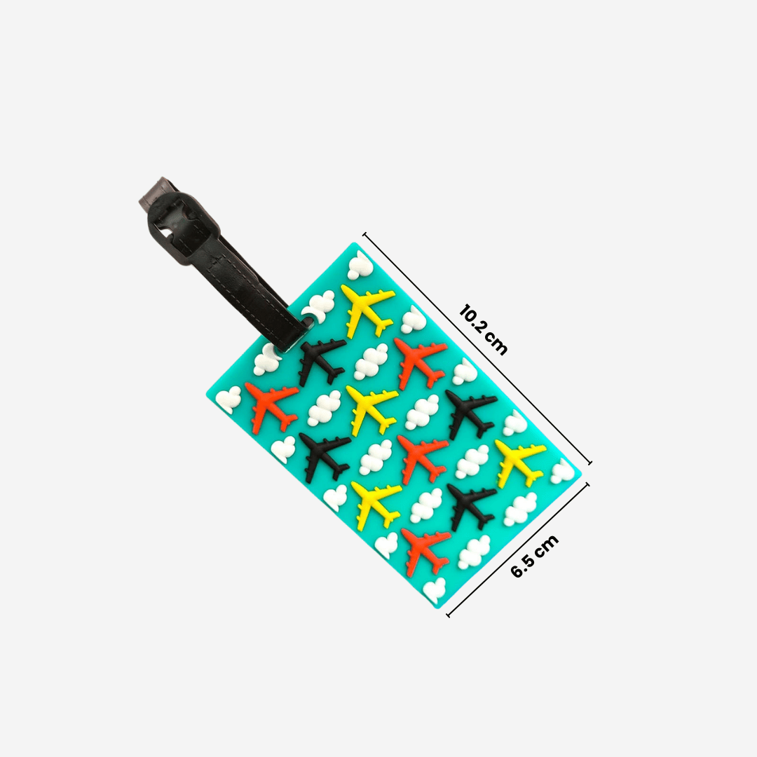 Colorful airplane luggage tag with clouds, perfect for stylish and organized travel.