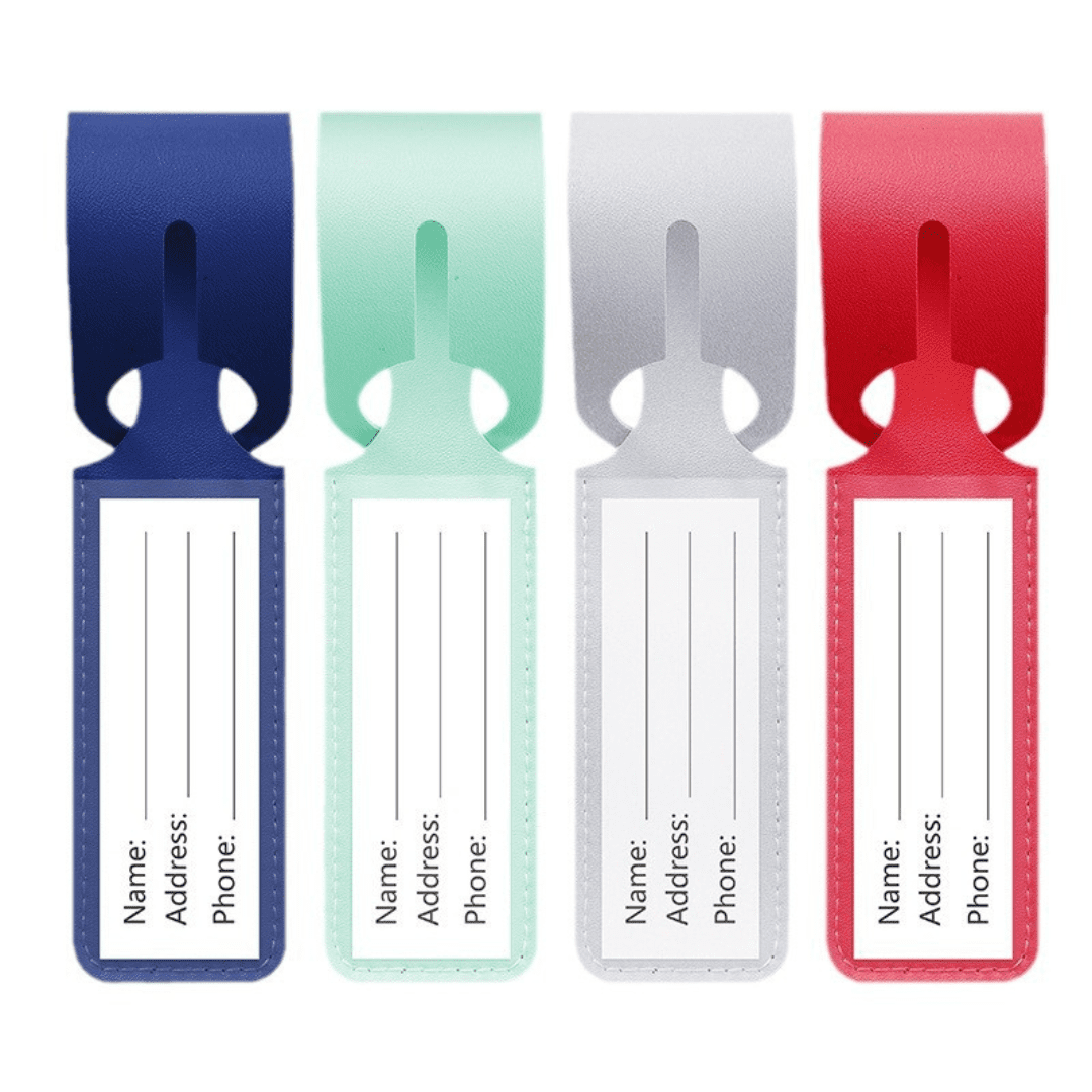 Vibrant luggage tags in four colors for easy identification during travel.