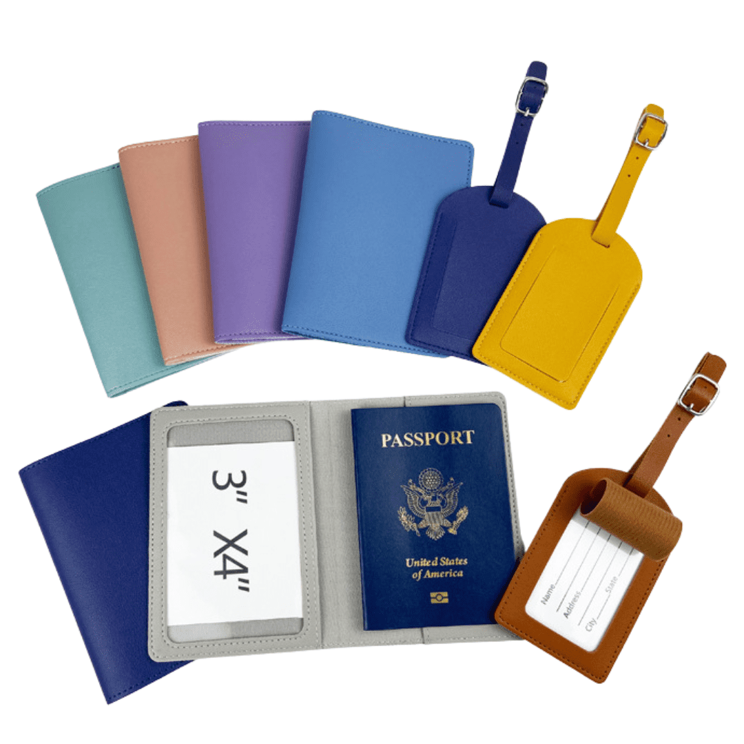 Stylish passport holders and luggage tags for modern travel essentials in vibrant colors.