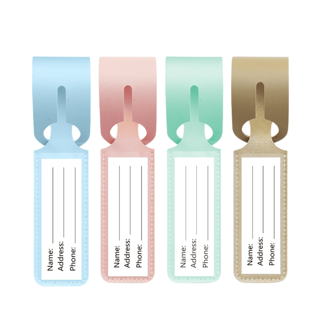 Colorful pastel tags for easy labeling, featuring spaces for name, address, and phone.