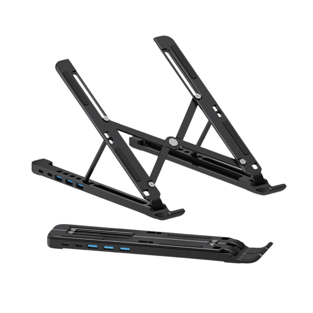 Ergonomic black laptop stand with USB ports for a stylish and functional workspace.
