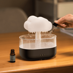 Stylish cloud humidifier with essential oils for a soothing and aromatic indoor atmosphere.