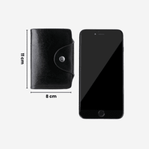 Stylish black leather wallet and smartphone, perfect for modern, elegant accessories.