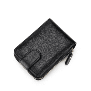 Elegant black textured leather wallet with zip-around closure and snap feature for secure organization.