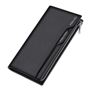 Elegant black textured leather wallet with gold William POLO branding and zippered compartment.