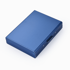 Sleek blue minimalist case for portable storage of documents and electronics.