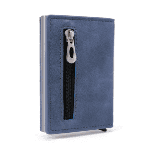Compact blue textured wallet with zippered compartment, perfect for modern minimalist lifestyles.