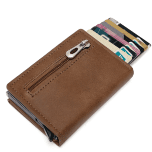 Stylish brown leather compact wallet with zipper, perfect for organizing cards and essentials.