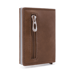 Sleek brown synthetic leather wallet with zipper, ideal for stylish and practical daily use.