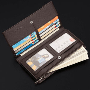 Stylish brown leather wallet with card slots, cash compartment, and clear ID windows.