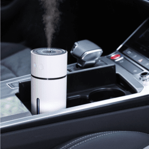 Sleek car interior with a modern essential oil diffuser enhancing ambiance and comfort.