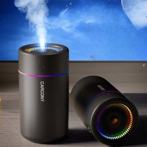 Modern CARCONY humidifier with colorful LED lights for aromatherapy and air purification.