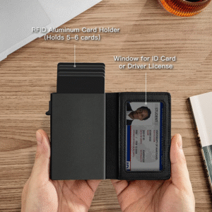 Sleek black RFID aluminum card holder with leather finish for secure, stylish card storage.