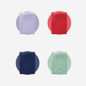 Stylish cardholders in vibrant colors displayed against circular backgrounds for modern gifts.