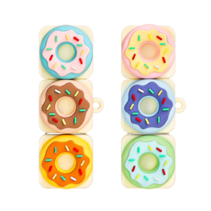 Vibrant silicone donut charms for fun accessories and gifts, perfect for any playful occasion.