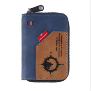 Stylish compact leather wallet in navy blue and tan with unique compass design and secure closure.