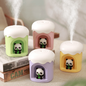 Adorable panda humidifiers in pastel colors, perfect for kids rooms and cozy decor.