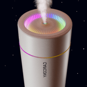 Sleek cylindrical air diffuser with LED lights and vapor for home and office relaxation.