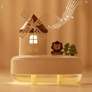 Charming decorative windmill house with lion figure, light, and musical notes for cozy decor.