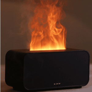 Sleek digital flame speaker combines modern design with LED fire effects for cozy ambiance.
