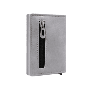 Sleek gray minimalist wallet with zipper pocket, perfect for modern professionals and daily use.