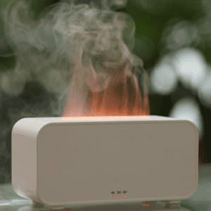 Modern white humidifier and aroma diffuser with gentle vapor and warm light for serene spaces.