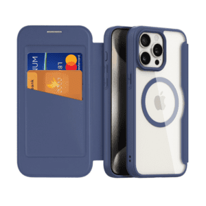 Navy blue iPhone flip case with cardholder and MagSafe compatibility for stylish protection.