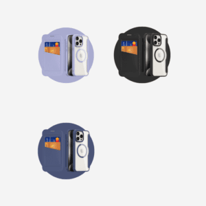 Stylish magnetic smartphone wallet cases with cardholders in lavender, navy, and black.