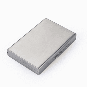Sleek stainless steel case for cards, combining modern design with practical storage solutions.