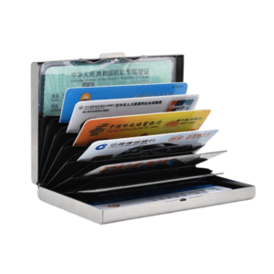 Sleek metallic cardholder organizer displaying various cards, ideal for modern financial needs.