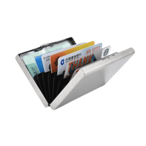 Sleek metallic card holder organizer for credit and ID cards, perfect for modern lifestyles.