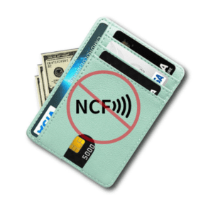 Mint-green wallet with NFC protection, stylish design, and practical card storage for secure transactions.