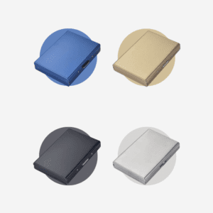 Stylish metallic cases in various colors for organizing cards and accessories.