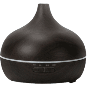 Elegant teardrop essential oil diffuser with dark wood finish, ideal for aromatherapy and home decor.