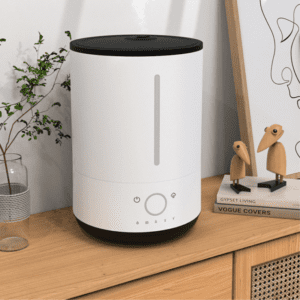 Modern humidifier with decorative vase and birds on wooden table for stylish home decor.