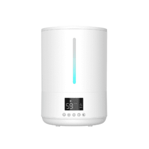 Sleek white ultrasonic humidifier enhancing indoor air quality with modern design and intuitive controls.