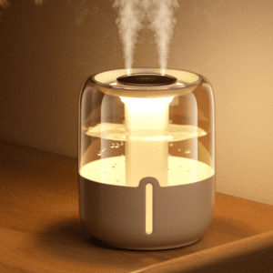 Sleek modern humidifier with mist, enhancing air quality and wellness in any space.