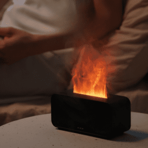 Modern speaker emitting flames on a table, showcasing technologys vibrant energy and potential dangers.