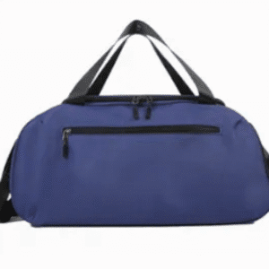 Stylish navy blue duffel bag with versatile straps, perfect for travel and gym use.