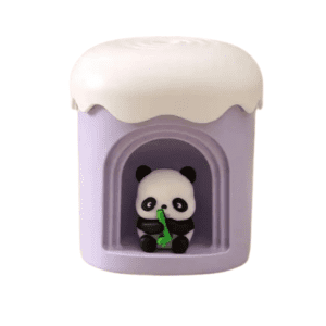 Adorable panda figurine in a lavender container with playful design, perfect for gifts and decor.