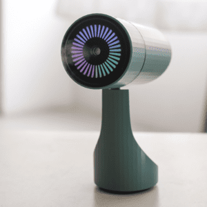 Modern personal fan with misting feature and colorful LED lights for stylish home comfort.
