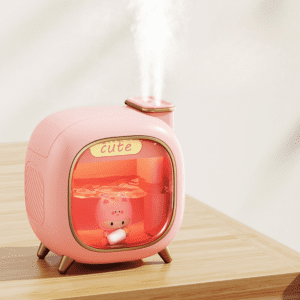 Cute pink humidifier with cartoon character, perfect for childrens rooms and stylish home décor.
