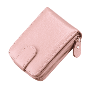 Elegant pink leather wallet with zipper closure, perfect for stylish everyday use and organization.