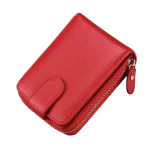 Elegant red leather wallet with zip-around closure for stylish, practical everyday use.