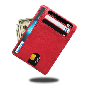 Stylish red leather wallet with cards and cash, perfect for modern convenience and elegance.