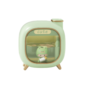 Charming pastel green frog figurine in retro TV display for delightful home decor.
