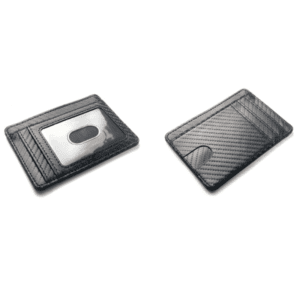 Sleek black cardholder with carbon fiber texture, perfect for stylish organization and everyday carry.