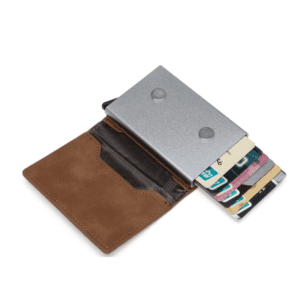 Stylish leather and metal wallet with card holder, perfect for modern, practical use.